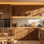 Mur couleur caramel dans un salon meublé en bois acajou
