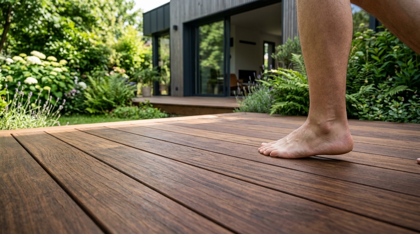 Terrasse bois en ipe aux lames cannelées bordant un jardin, teinte brun olive