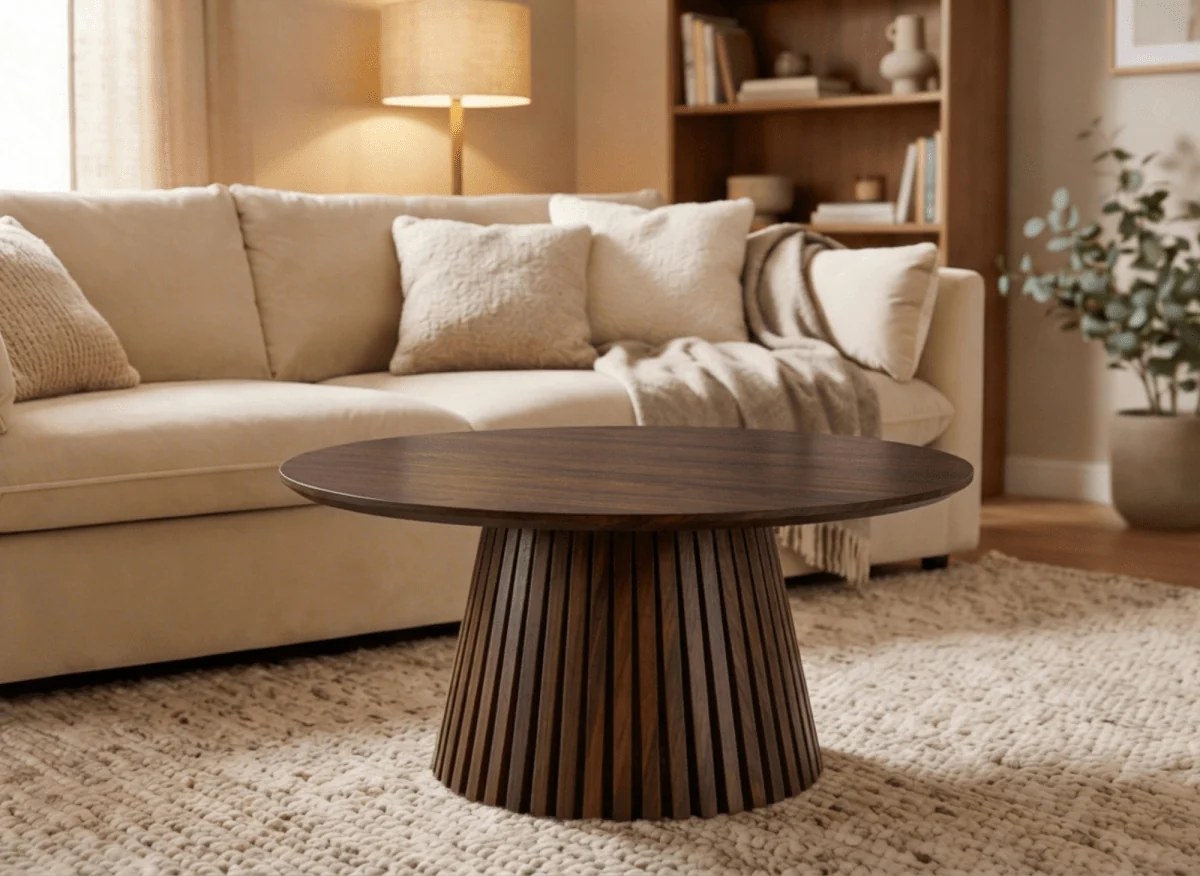 Table basse en bois foncé ronde dans un salon lumineux
