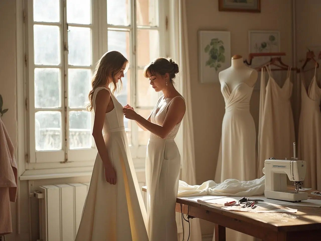 Couturière réalisant un ourlet de pantalon à la machine dans un atelier de retouches express