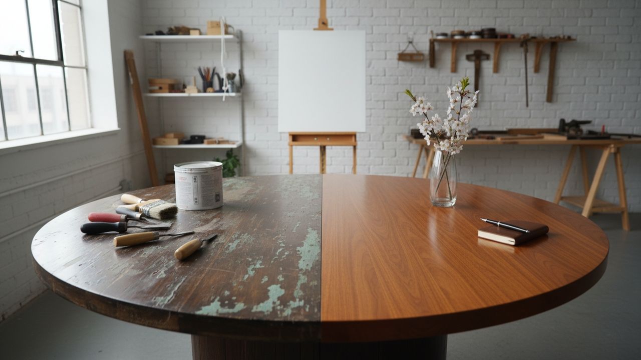Table ronde ancienne en bois relookée avec un piètement peint et un plateau verni